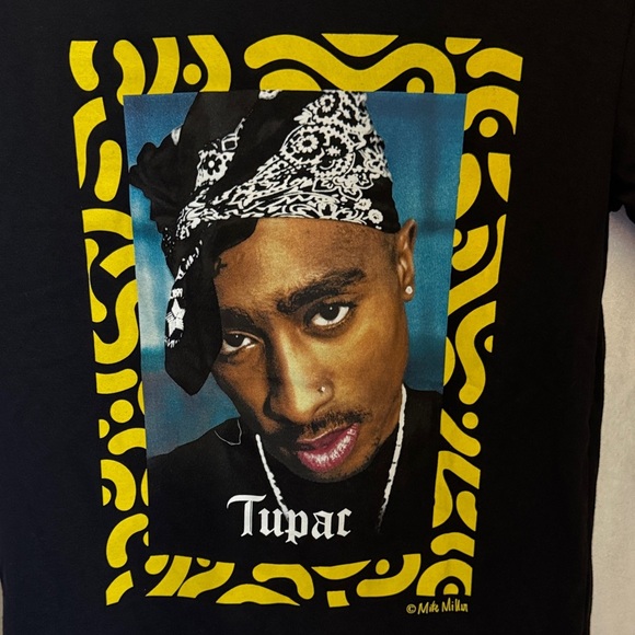 Black Tupac Shakur Graphic Tee with Yellow and Blue Accents "Poet" T-Shirt - Picture 4 of 5